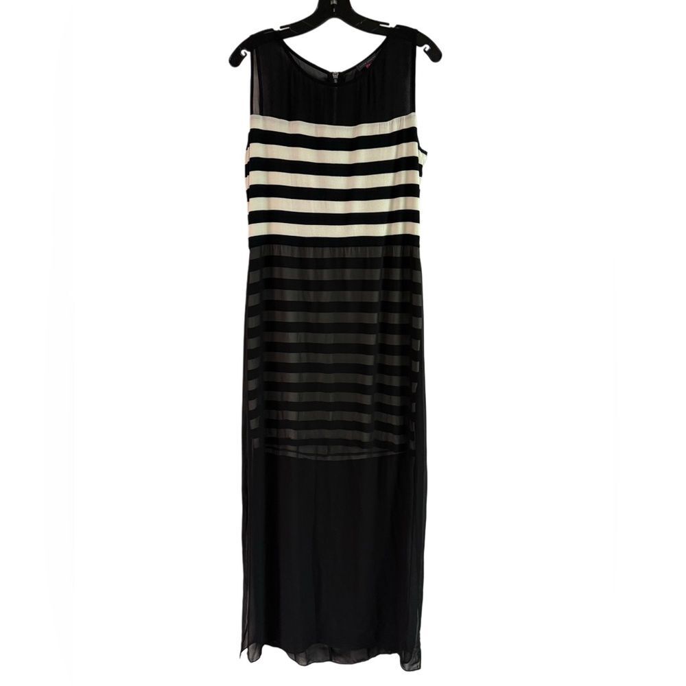 Vince Camuto Black Stripe Dress with Sheer Overlay Exposed Back Zipper Size L